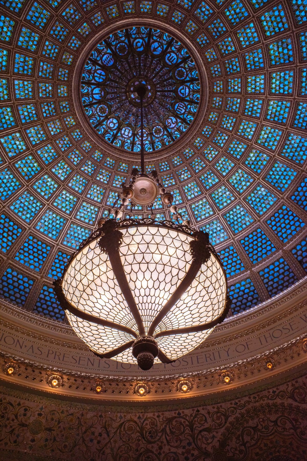 The Tiffany glass dome in Preston Bradley Hall, photographed in 2021.