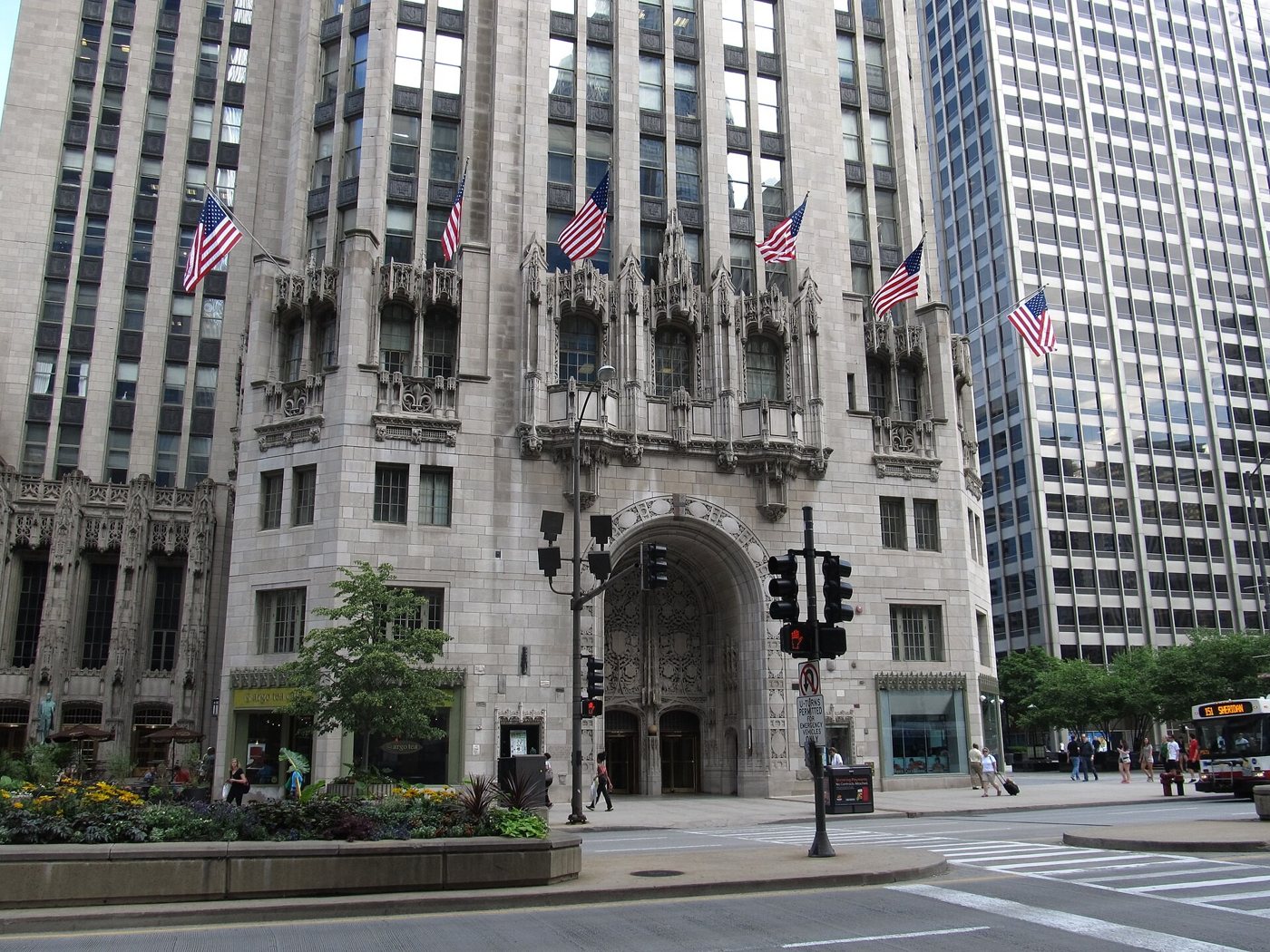 The Michigan Avenue entrance and lower facade in 2013.