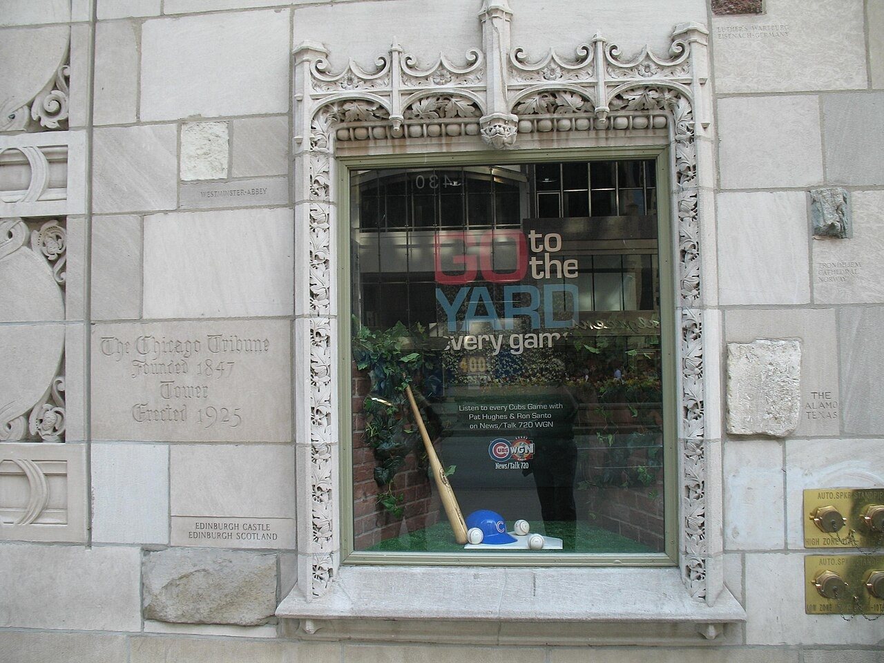 Stones embedded around a Tribune Tower window, photographed in 2007.
