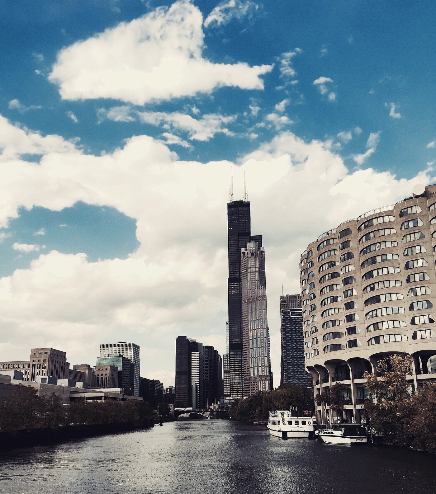 The tower seen from the Chicago River in 2015.